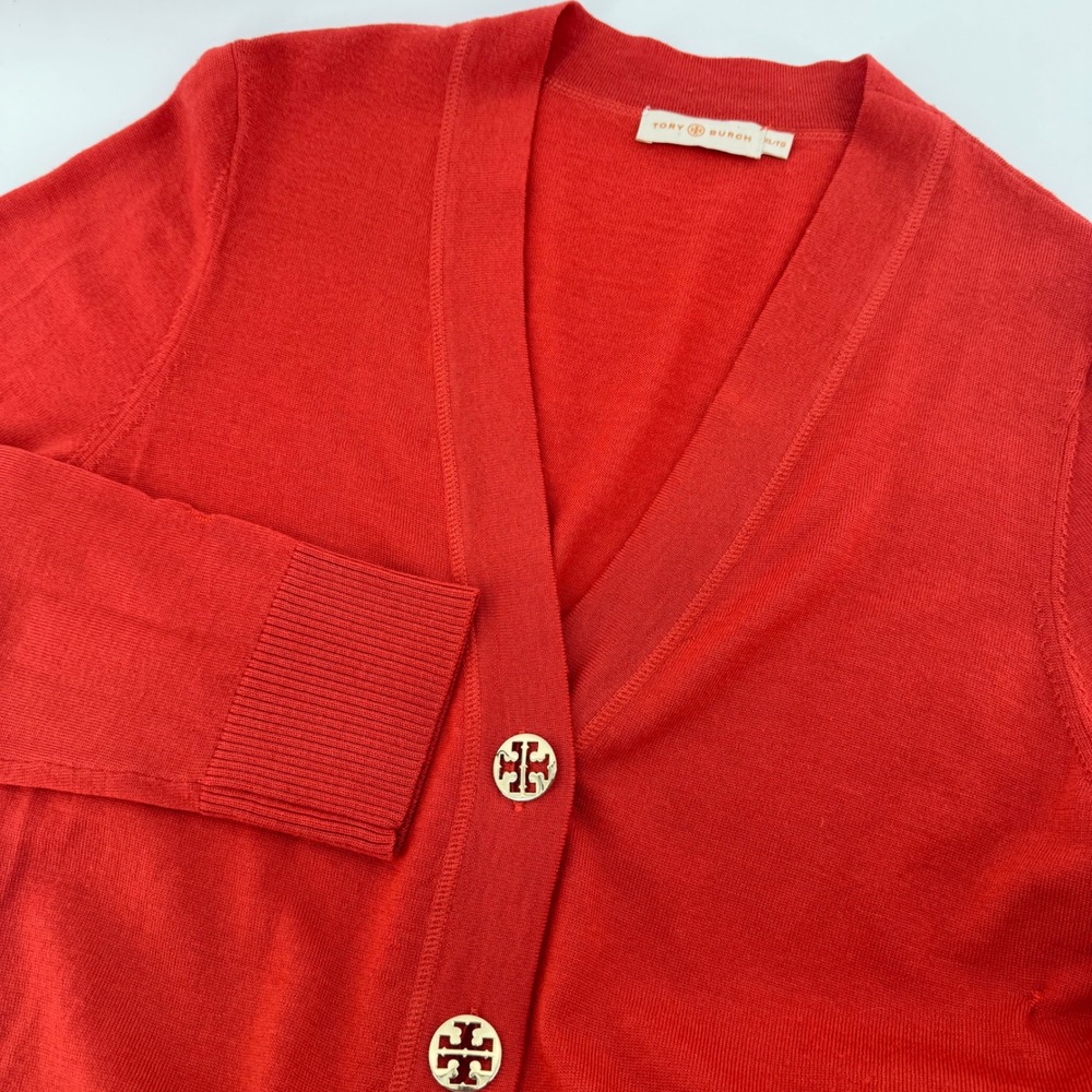 Tory Burch Simone Cardigan Womens XL Orange Merino Wool V-Neck Logo Button *READ